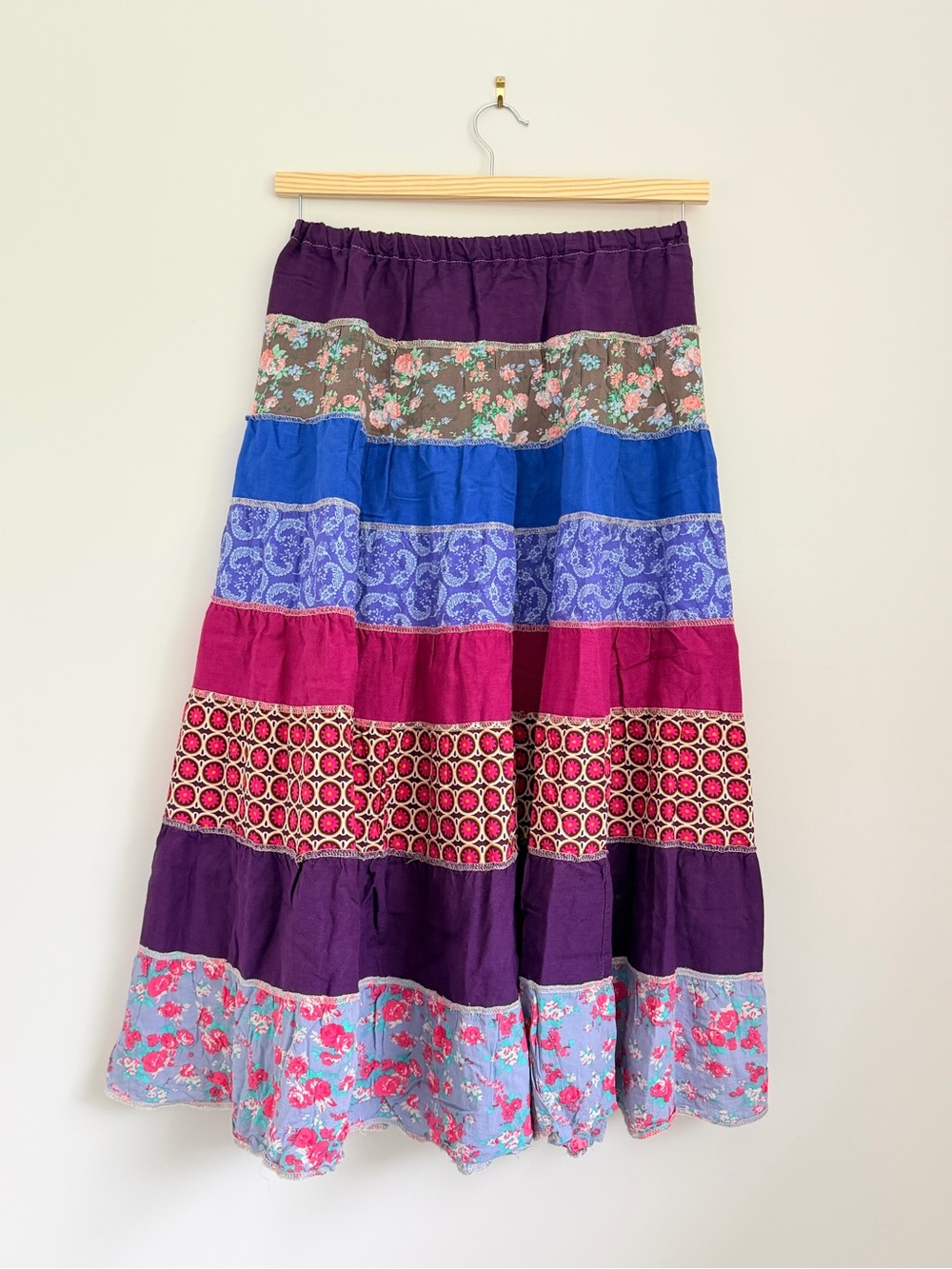 Patchwork Tiered Maxi Skirt - Multicolor Floral & Geometric Panels
